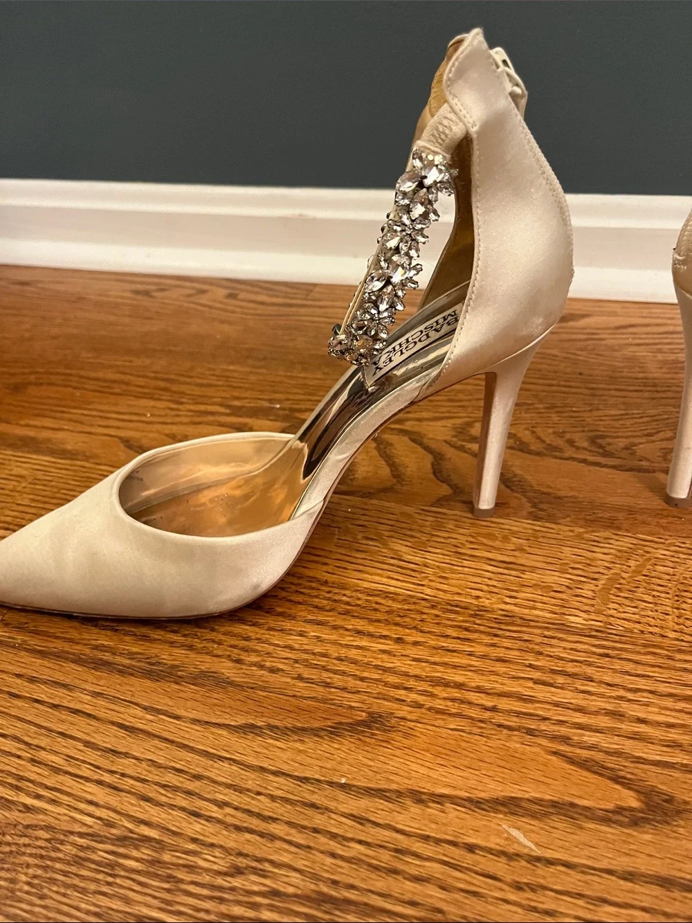 Badgley Mischka Champagne Satin Pointed-Toe Crystal Ankle-Strap Heels